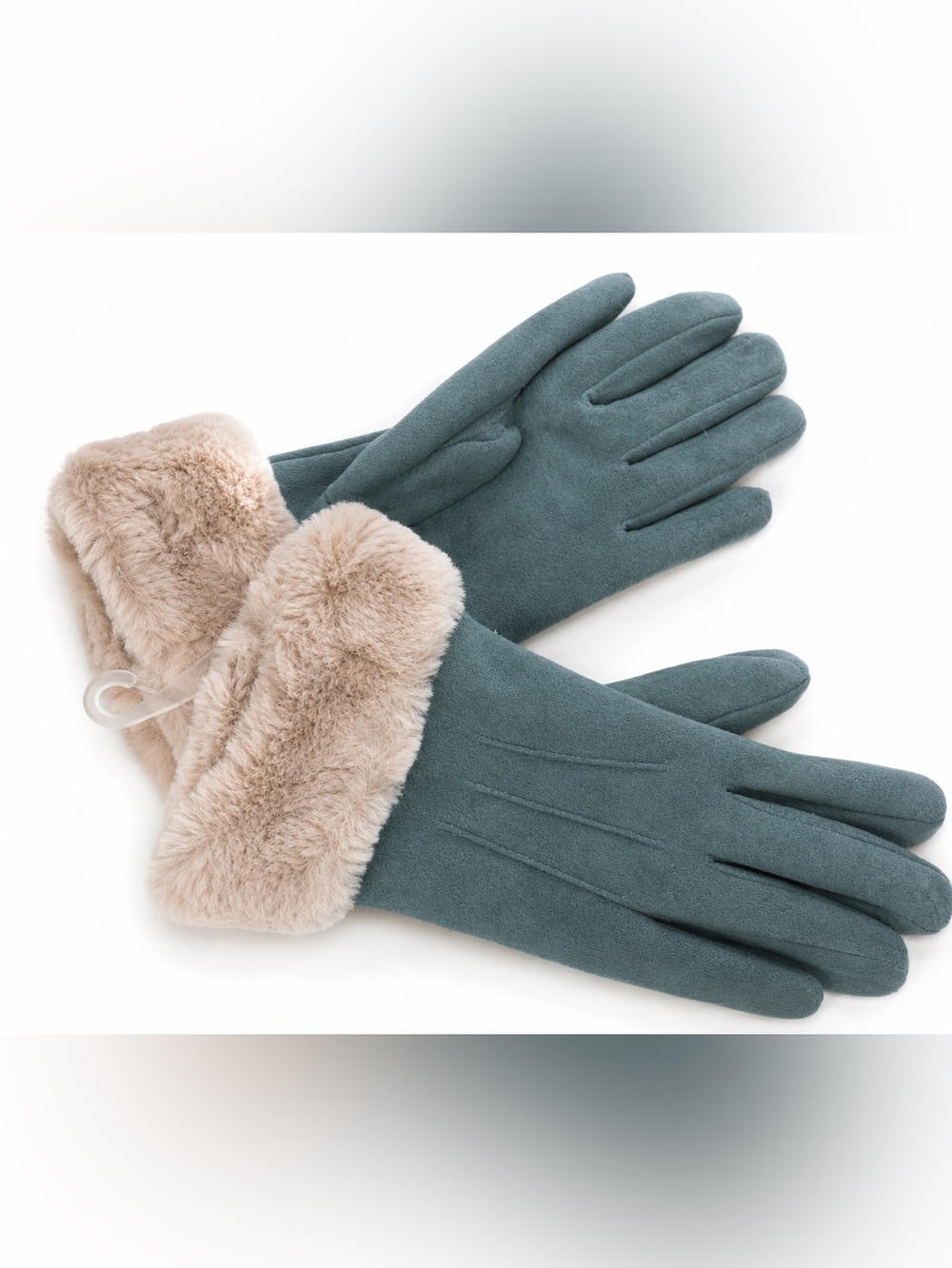 Women’s Sage Faux Suede Winter Gloves Faux Fur Cuffs Soft Warm Touchscreen Style